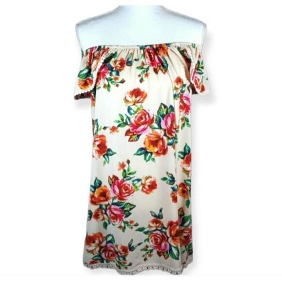 CHELSEA & VIOLET OFF THE SHOULDER CREAM PINK FLORAL DRESS SZ.XS EUC - Picture 2 of 9